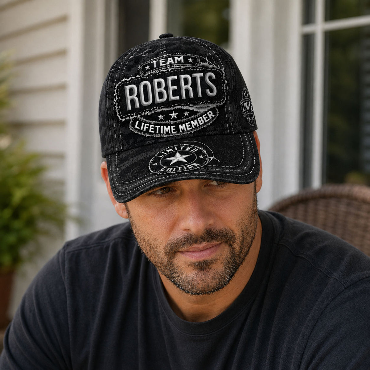 ROBERTS TC03 HH79 Personalized Black Camo Baseball Cap, Custom Name Family Hat
