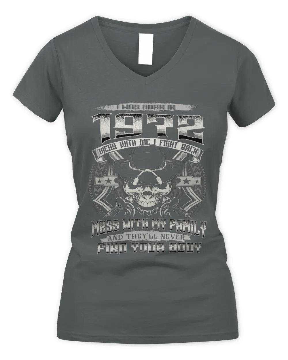 1972 HH89-K2 – T-shirt – Theme: "Birth Year – Family Always Protects" - Women's V-Neck T-Shirt - Charcoal
