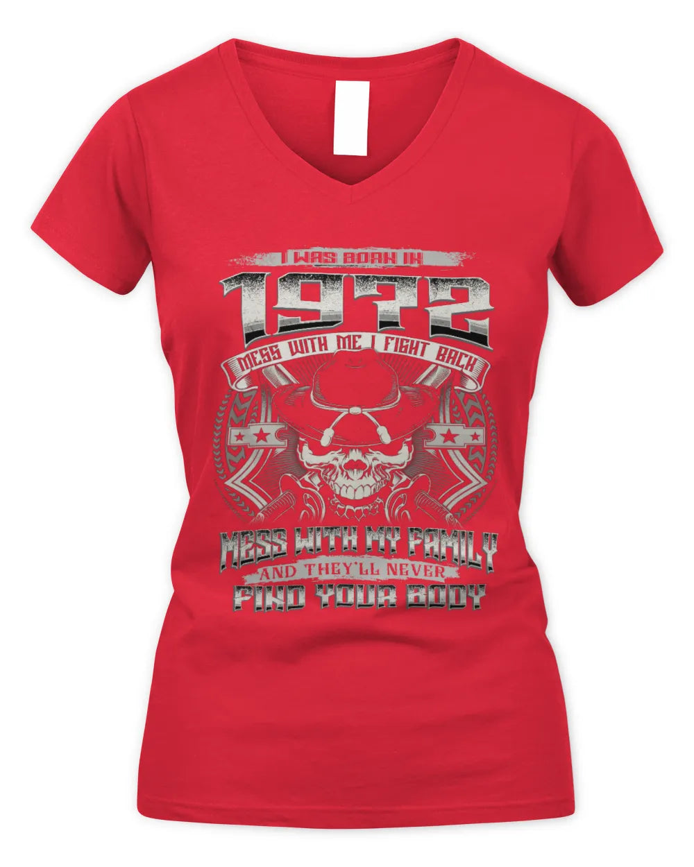 1972 HH89-K2 – T-shirt – Theme: "Birth Year – Family Always Protects" - Women's V-Neck T-Shirt - Red