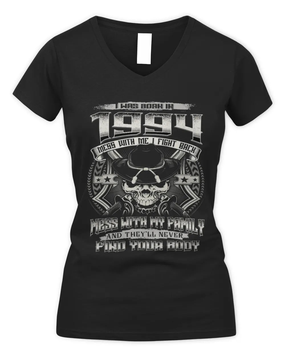 1994 HH89-K2 – T-shirt – Theme: "Birth Year – Family Always Protects" - Women's V-Neck T-Shirt - Black