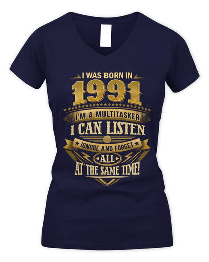 1991 HH89-K2 – Funny Birth Year Multitasker Quote T-Shirt - Women's V-Neck T-Shirt - Navy