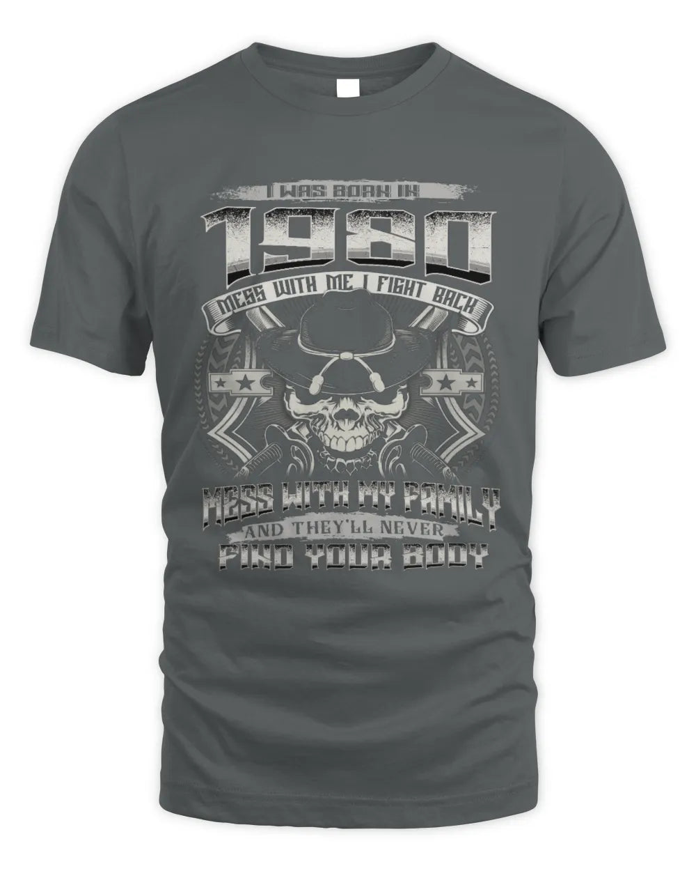 1980 HH89-K2 – T-shirt – Theme: "Birth Year – Family Always Protects" - Unisex Standard T-Shirt - Charcoal