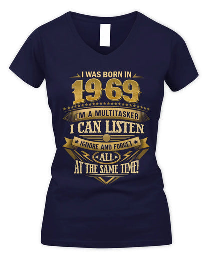 1969 HH89-K2 – Funny Birth Year Multitasker Quote T-Shirt - Women's V-Neck T-Shirt - Navy