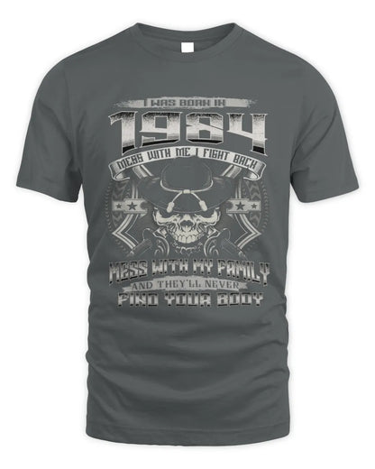 1984 HH89-K2 – T-shirt – Theme: "Birth Year – Family Always Protects" - Unisex Standard T-Shirt - Charcoal