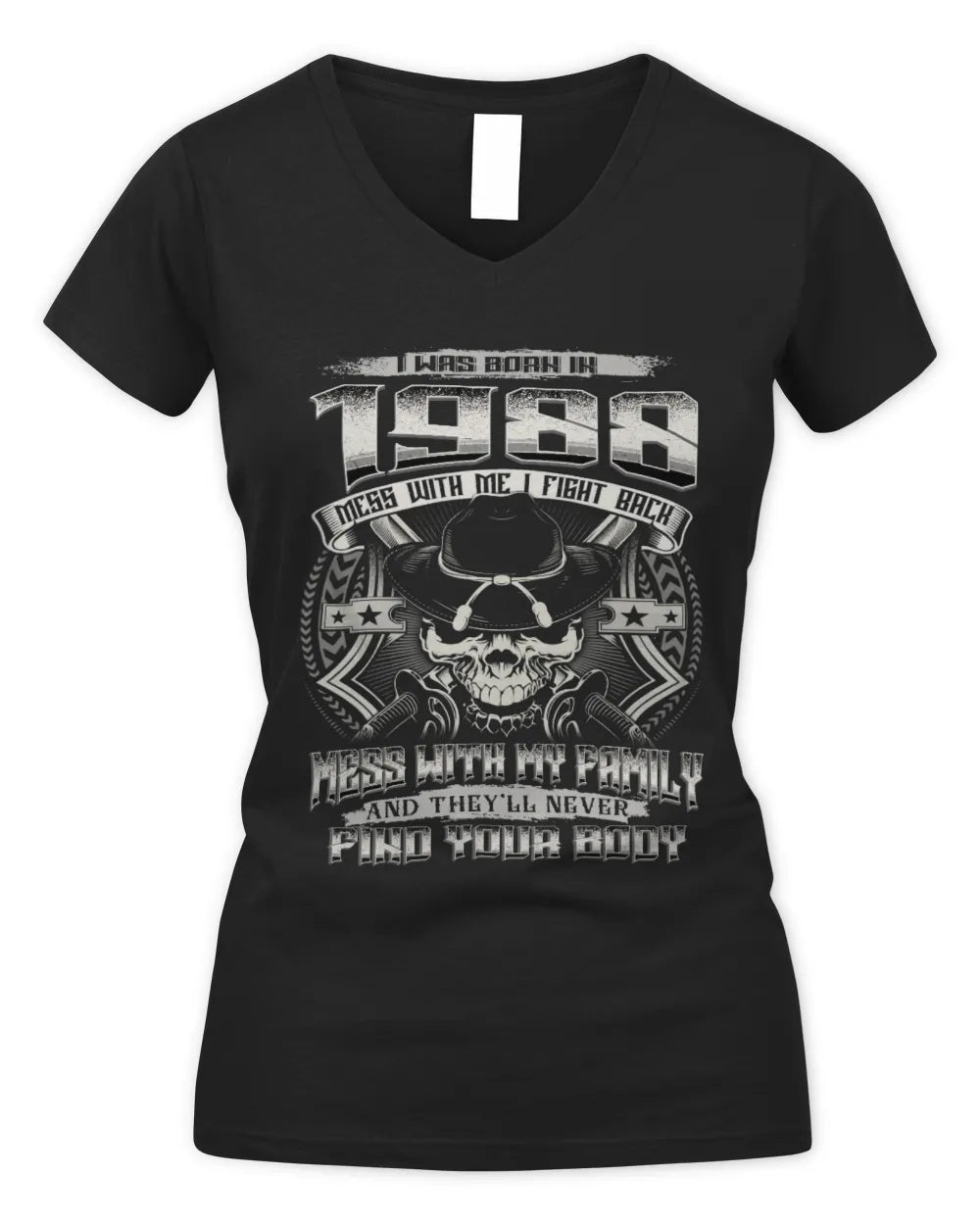 1988 HH89-K2 – T-shirt – Theme: "Birth Year – Family Always Protects" - Women's V-Neck T-Shirt - Black