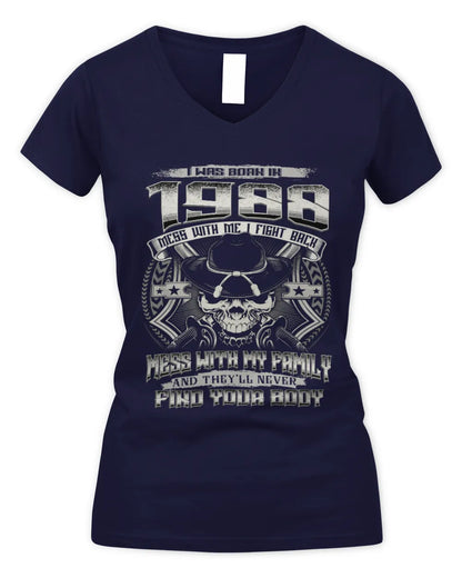 1988 HH89-K2 – T-shirt – Theme: "Birth Year – Family Always Protects" - Women's V-Neck T-Shirt - Navy