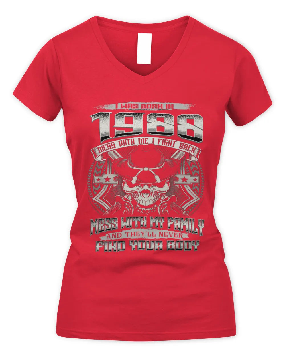 1988 HH89-K2 – T-shirt – Theme: "Birth Year – Family Always Protects" - Women's V-Neck T-Shirt - Red