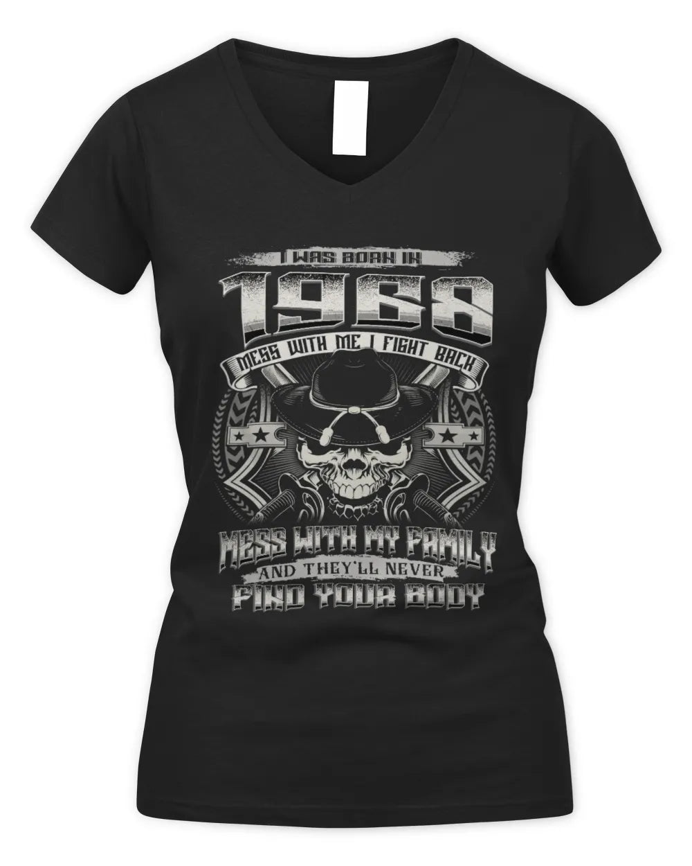 1968 HH89-K2 – T-shirt – Theme: "Birth Year – Family Always Protects" - Women's V-Neck T-Shirt - Black