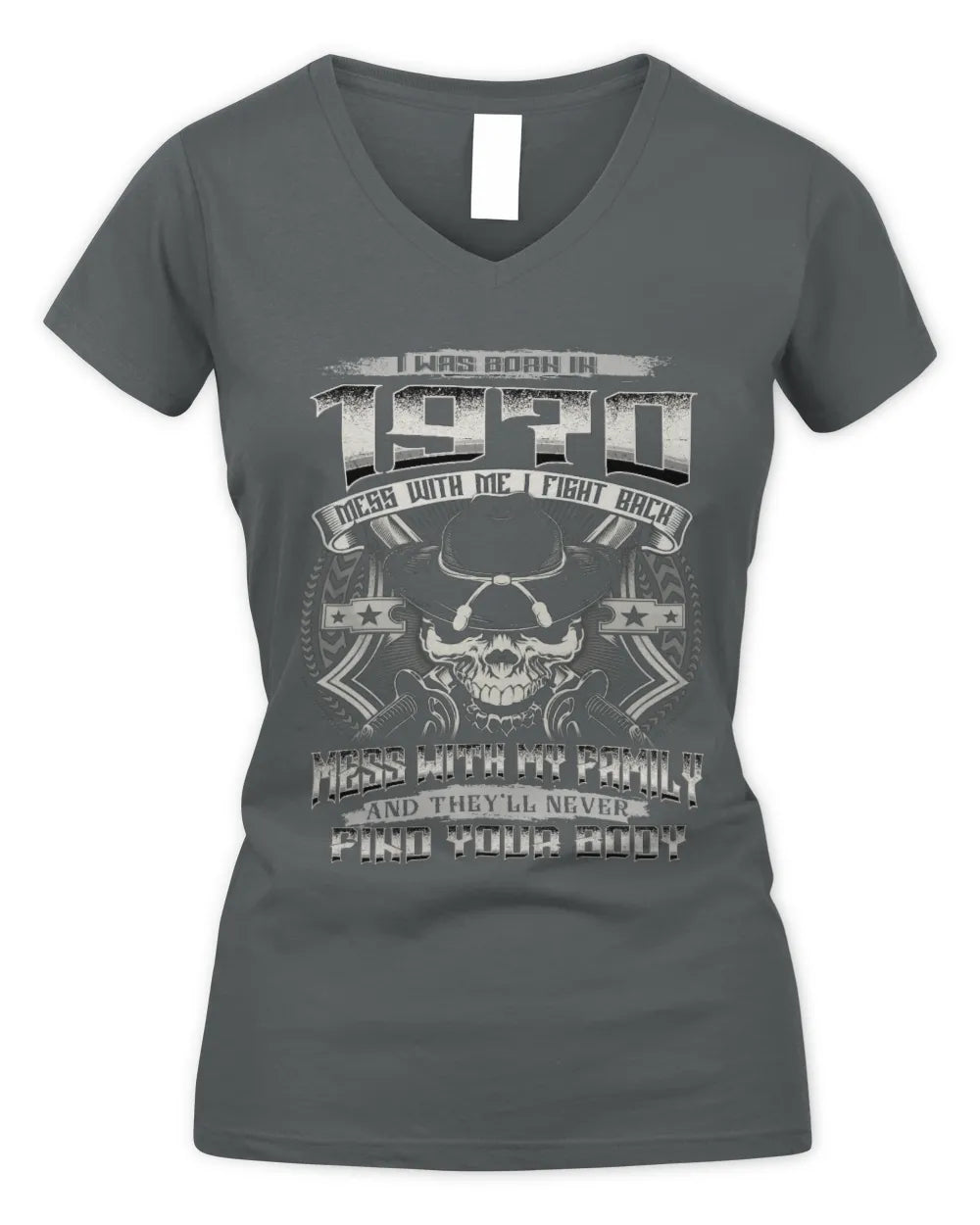 1970 HH89-K2 – T-shirt – Theme: "Birth Year – Family Always Protects" - Women's V-Neck T-Shirt - Charcoal
