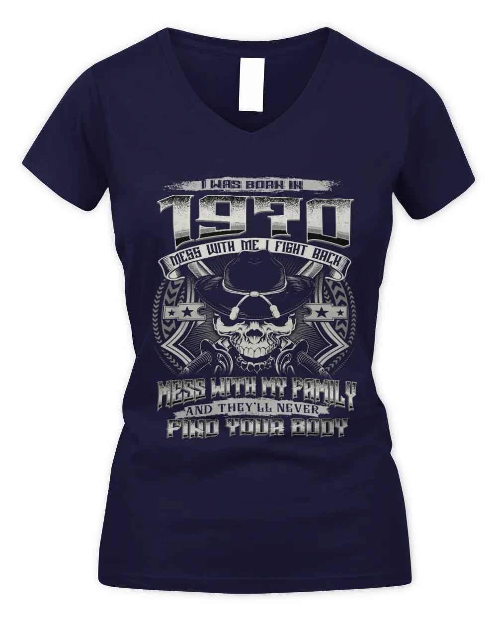 1970 HH89-K2 – T-shirt – Theme: "Birth Year – Family Always Protects" - Women's V-Neck T-Shirt - Navy