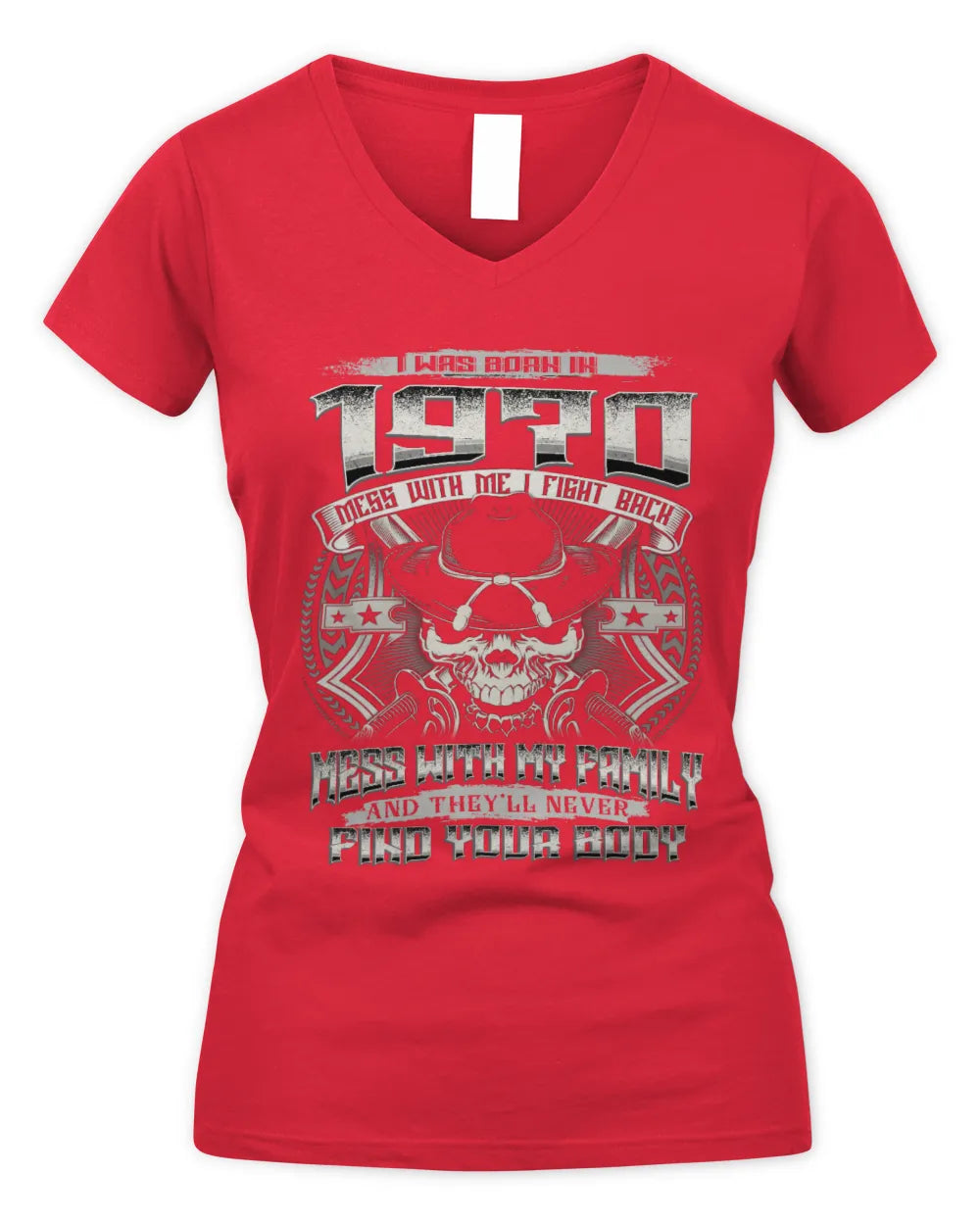 1970 HH89-K2 – T-shirt – Theme: "Birth Year – Family Always Protects" - Women's V-Neck T-Shirt - Red