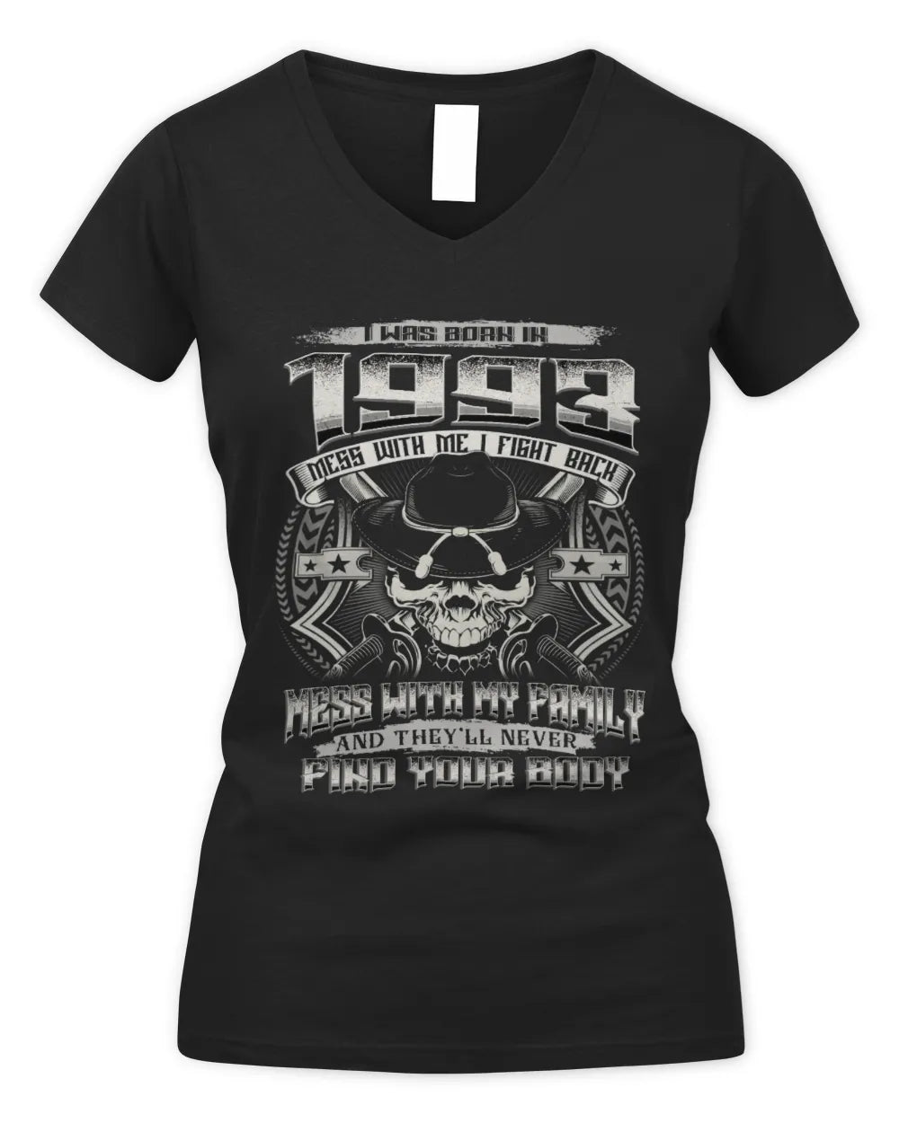 1993 HH89-K2 – T-shirt – Theme: "Birth Year – Family Always Protects" - Women's V-Neck T-Shirt - Black