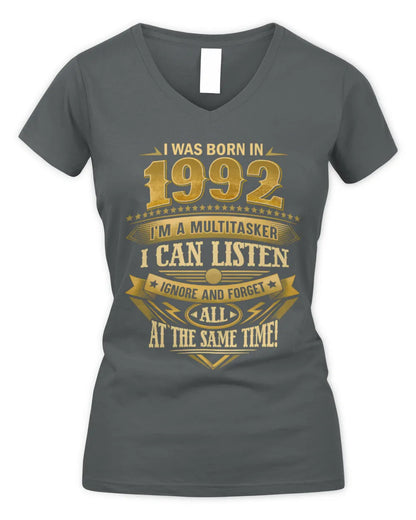 1992 HH89-K2 – Funny Birth Year Multitasker Quote T-Shirt - Women's V-Neck T-Shirt - Charcoal