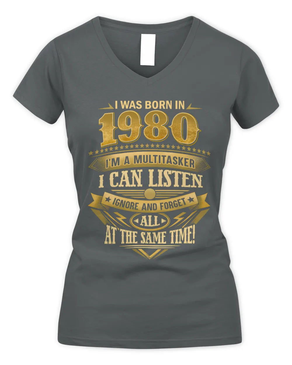 1980 HH89-K2 – Funny Birth Year Multitasker Quote T-Shirt - Women's V-Neck T-Shirt - Charcoal