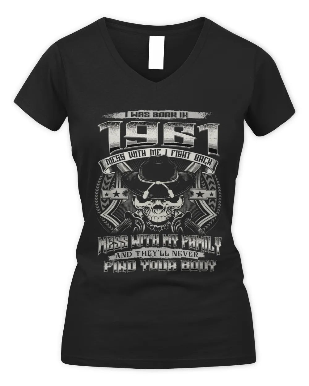 1961 HH89-K2 – T-shirt – Theme: "Birth Year – Family Always Protects" - Women's V-Neck T-Shirt - Black