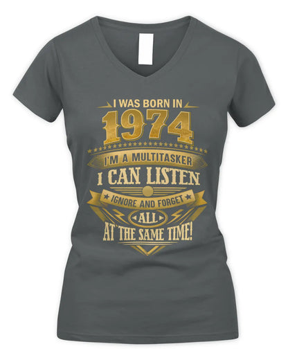 1974 HH89-K2 – Funny Birth Year Multitasker Quote T-Shirt - Women's V-Neck T-Shirt - Charcoal