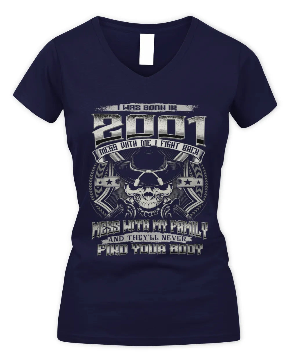 2001 HH89-K2 – T-shirt – Theme: "Birth Year – Family Always Protects" - Women's V-Neck T-Shirt - Navy