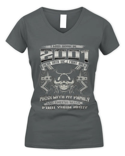 2001 HH89-K2 – T-shirt – Theme: "Birth Year – Family Always Protects" - Women's V-Neck T-Shirt - Charcoal