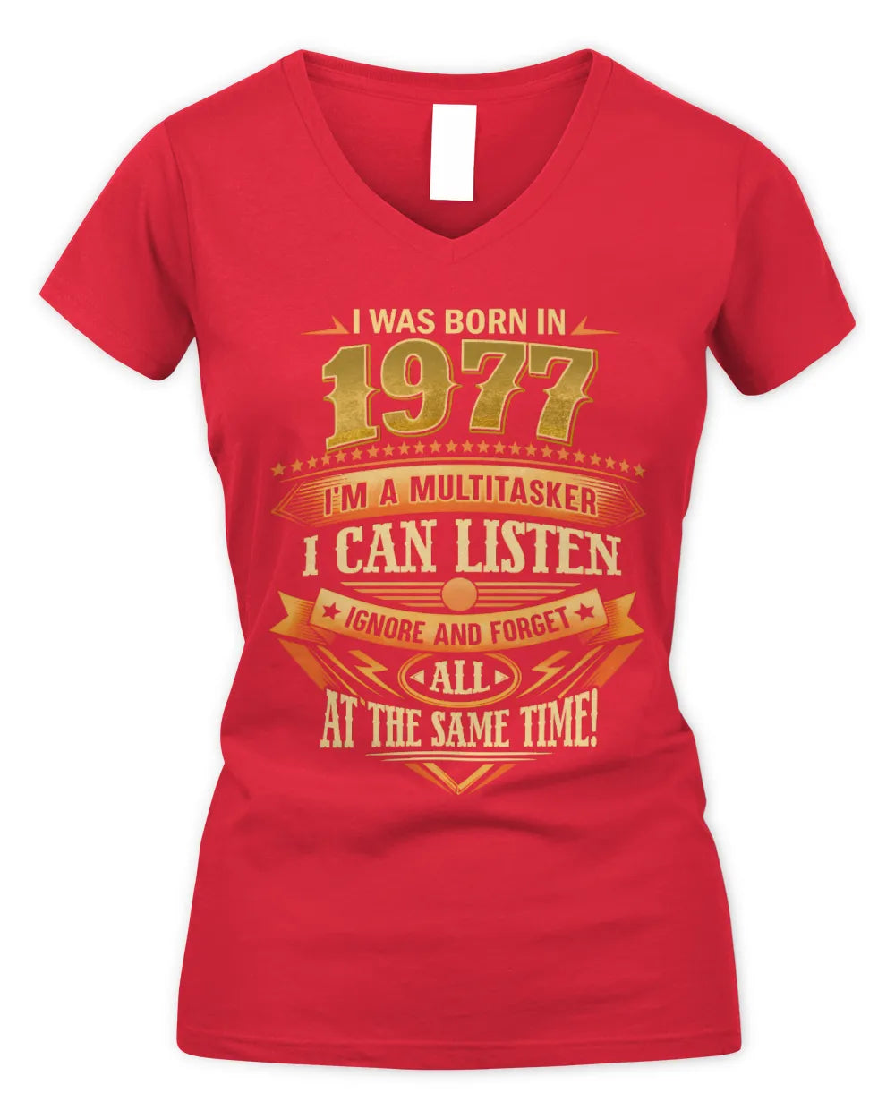 1977 HH89-K2 – Funny Birth Year Multitasker Quote T-Shirt - Women's V-Neck T-Shirt - Red