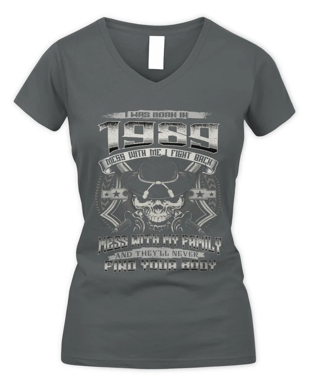 1989 HH89-K2 – T-shirt – Theme: "Birth Year – Family Always Protects" - Women's V-Neck T-Shirt - Charcoal