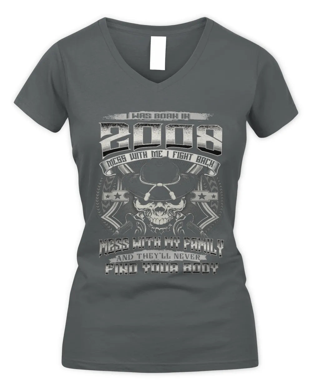 2008 HH89-K2 – T-shirt – Theme: "Birth Year – Family Always Protects" - Women's V-Neck T-Shirt - Charcoal