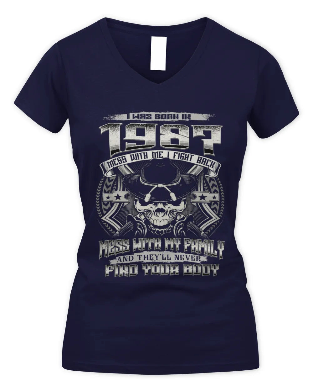1987 HH89-K2 – T-shirt – Theme: "Birth Year – Family Always Protects" - Women's V-Neck T-Shirt - Navy