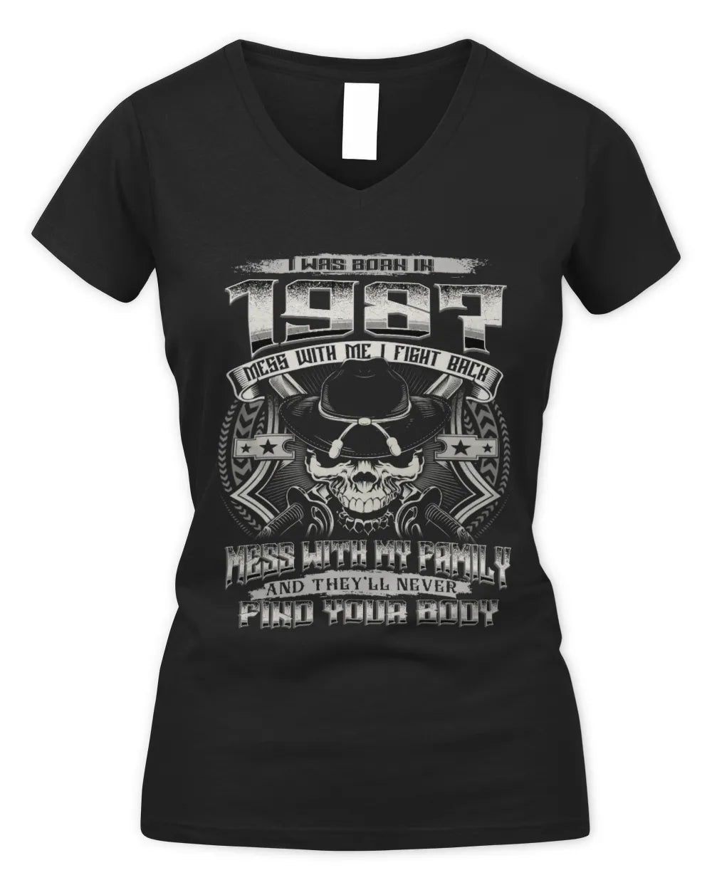 1987 HH89-K2 – T-shirt – Theme: "Birth Year – Family Always Protects" - Women's V-Neck T-Shirt - Black