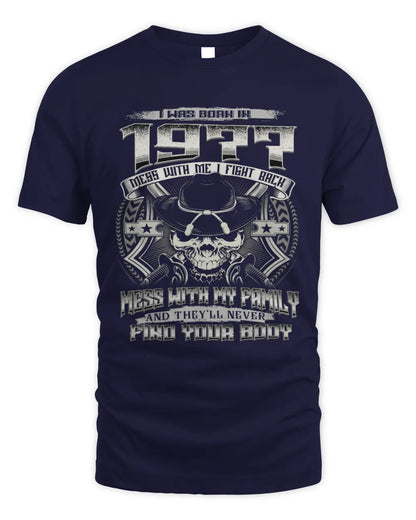 1977 HH89-K2 – T-shirt – Theme: "Birth Year – Family Always Protects" - Unisex Standard T-Shirt - Navy