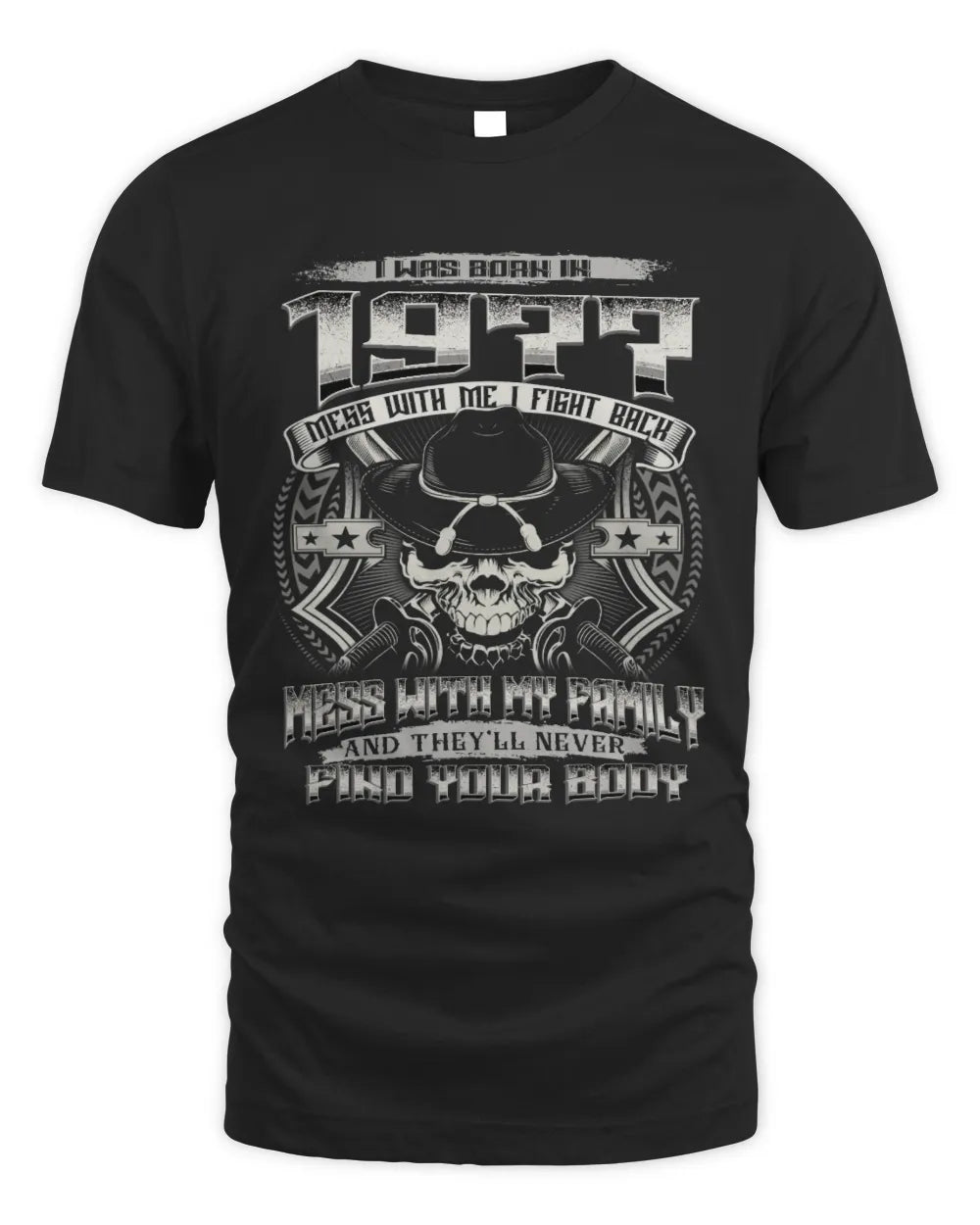 1977 HH89-K2 – T-shirt – Theme: "Birth Year – Family Always Protects" - Unisex Standard T-Shirt - Black