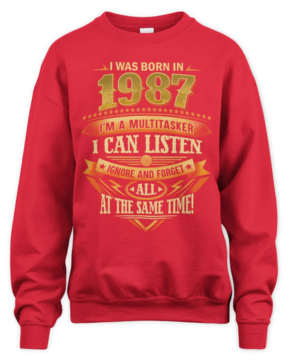 1987 HH89-K2 – Funny Birth Year Multitasker Quote T-Shirt - Unisex Sweatshirt - Red