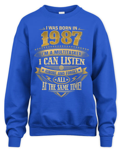 1987 HH89-K2 – Funny Birth Year Multitasker Quote T-Shirt - Unisex Sweatshirt - Royal