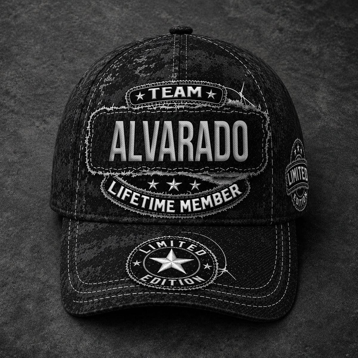 ALVARADO TC03 HH79  Personalized Black Camo Baseball Cap, Custom Name Family Hat