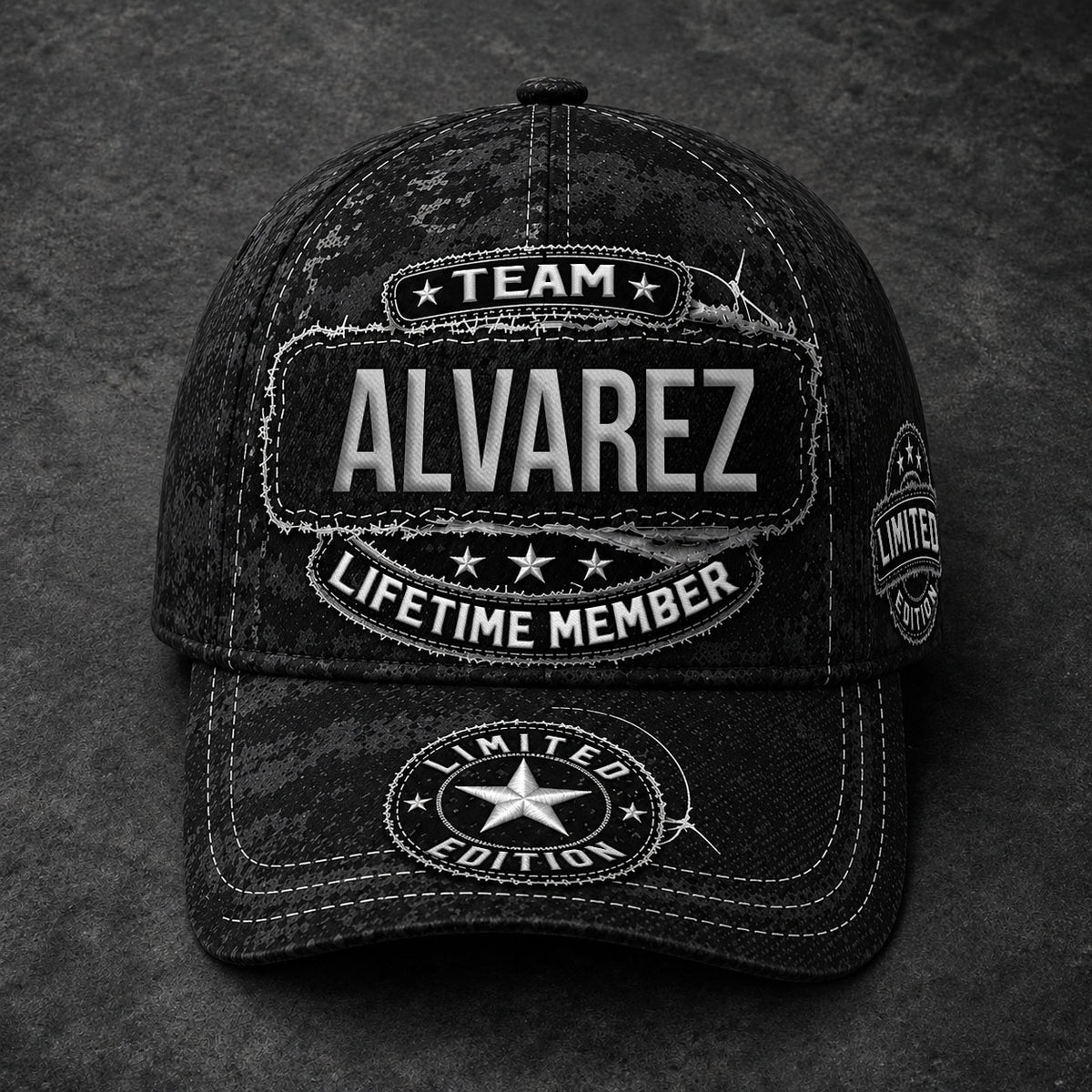 ALVAREZ TC03 HH79  Personalized Black Camo Baseball Cap, Custom Name Family Hat
