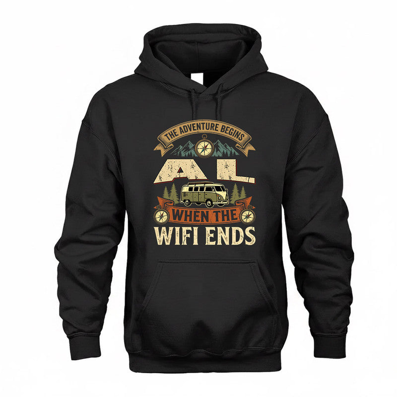 AL TT898-K6-229 – Personalized Funny Camping Quote Apparel “The Adventure Begins When The WiFi Ends”
