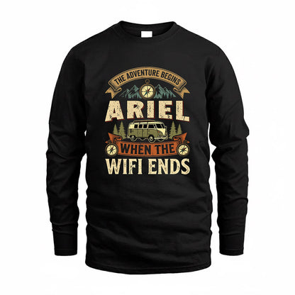 ARIEL TT898-K6-229 – Personalized Funny Camping Quote Apparel “The Adventure Begins When The WiFi Ends”