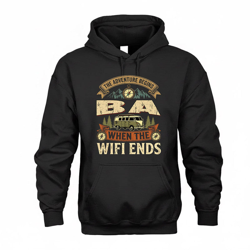 BA TT898-K6-229 – Personalized Funny Camping Quote Apparel “The Adventure Begins When The WiFi Ends”