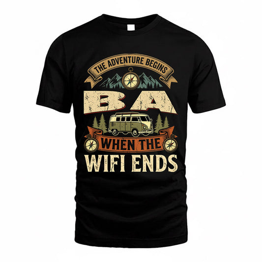 BA TT898-K6-229 – Personalized Funny Camping Quote Apparel “The Adventure Begins When The WiFi Ends”