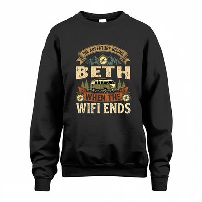BETH TT898-K6-229 – Personalized Funny Camping Quote Apparel “The Adventure Begins When The WiFi Ends”