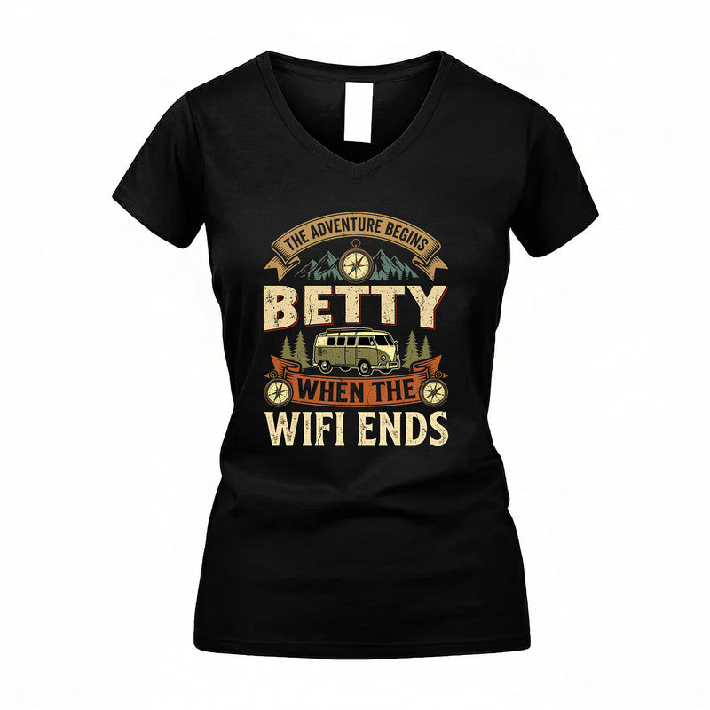 BETTY TT898-K6-229 – Personalized Funny Camping Quote Apparel “The Adventure Begins When The WiFi Ends”