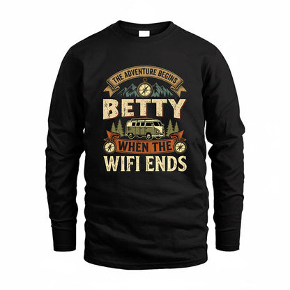 BETTY TT898-K6-229 – Personalized Funny Camping Quote Apparel “The Adventure Begins When The WiFi Ends”