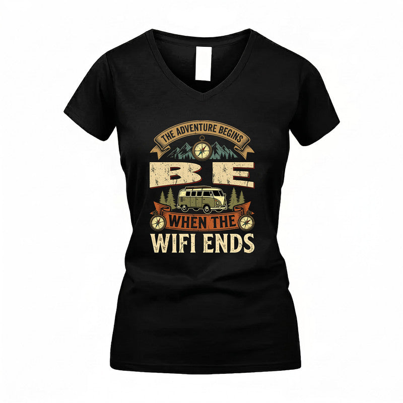 BE TT898-K6-229 – Personalized Funny Camping Quote Apparel “The Adventure Begins When The WiFi Ends”