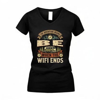 BE TT898-K6-229 – Personalized Funny Camping Quote Apparel “The Adventure Begins When The WiFi Ends”