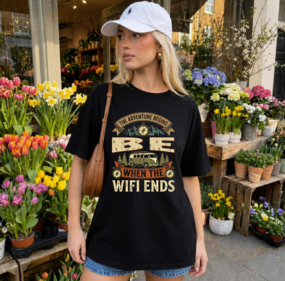 BE TT898-K6-229 – Personalized Funny Camping Quote Apparel “The Adventure Begins When The WiFi Ends”