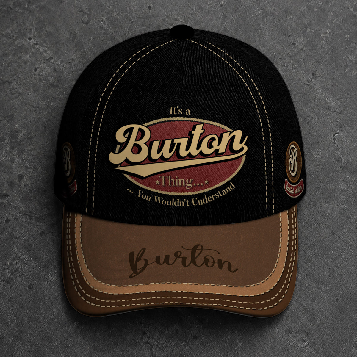 BURTON  TC06 HH79 Personalized Distressed Baseball Cap, Custom Retro Trucker Hat, Statement Dad Cap