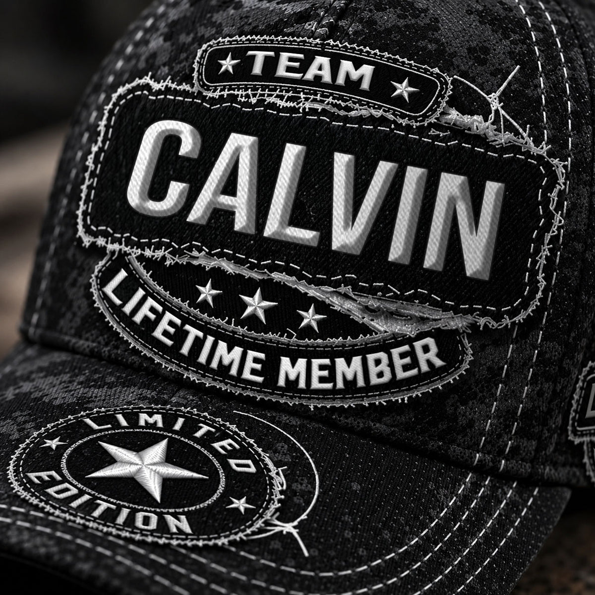 CALVIN TC03 HH79  Personalized Black Camo Baseball Cap, Custom Name Family Hat