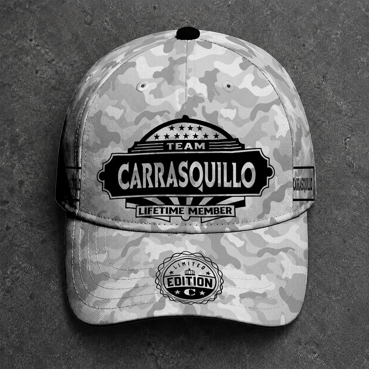 CARRASQUILLO TC01 HH79 Team Your Name Hat, Personalized Camo Baseball Cap, Custom Family Gift, Gift for Him Her