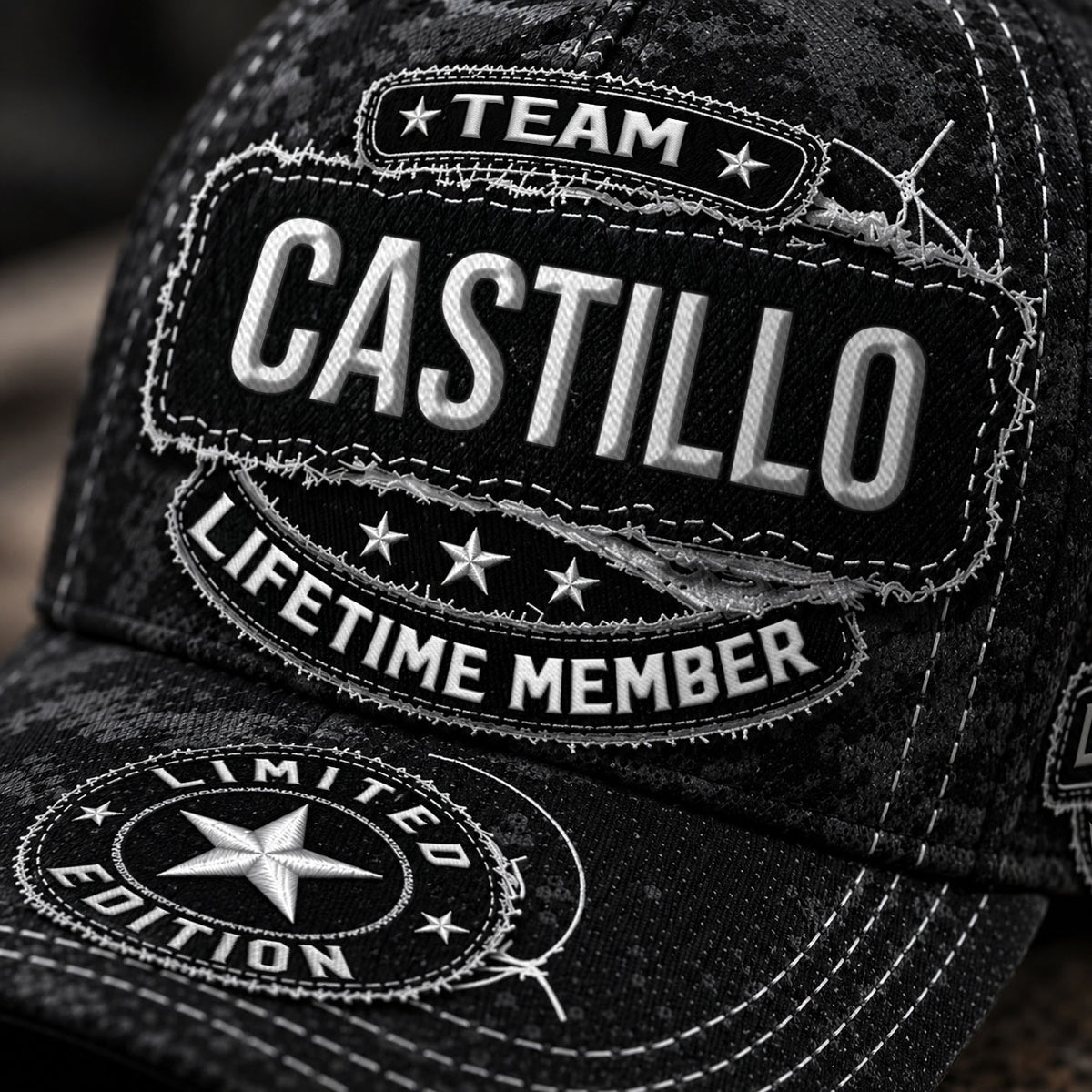 CASTILLO TC03 HH79  Personalized Black Camo Baseball Cap, Custom Name Family Hat
