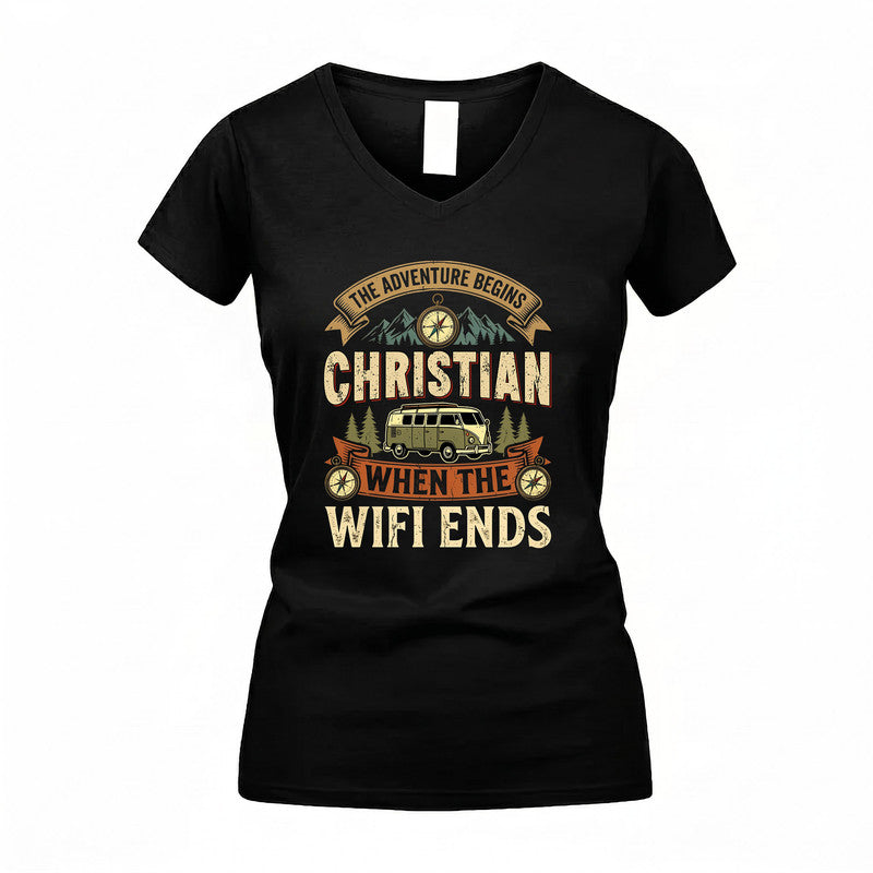 CHRISTIAN TT898-K6-229 – Personalized Funny Camping Quote Apparel “The Adventure Begins When The WiFi Ends”