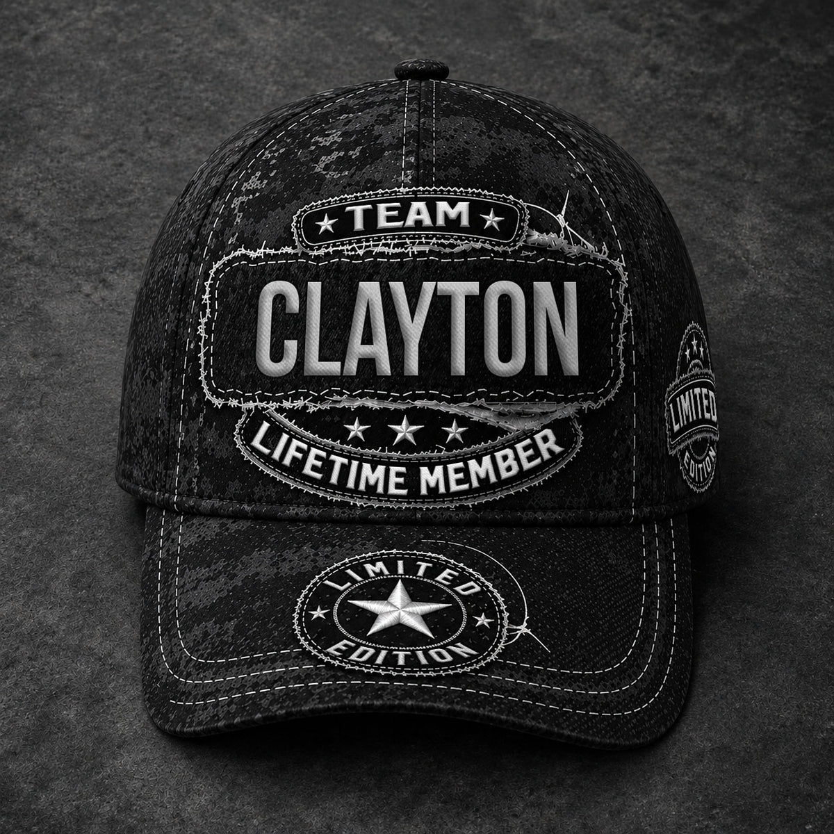 CLAYTON TC03 HH79  Personalized Black Camo Baseball Cap, Custom Name Family Hat