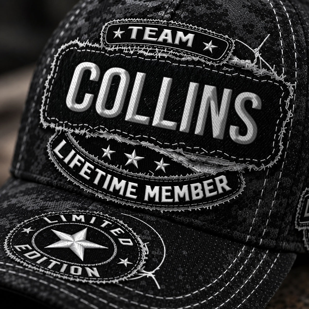 COLLINS TC03 HH79  Personalized Black Camo Baseball Cap, Custom Name Family Hat
